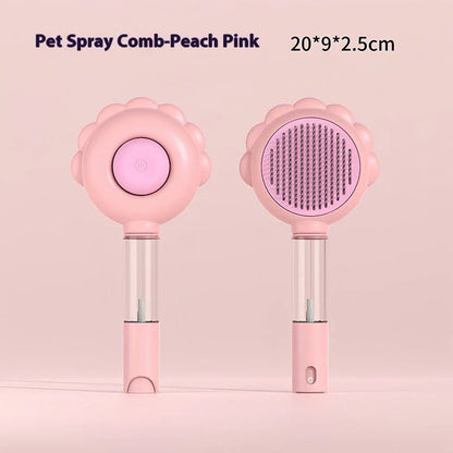 A versatile pet grooming brush with a built-in spray function for efficient hair removal and a calming grooming experience