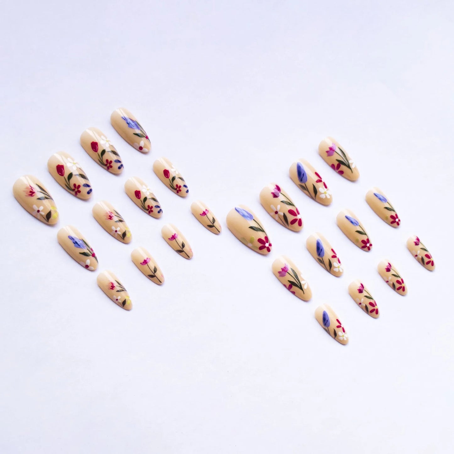 Almond-shaped removable nail art with floral rose and tulip patterns in European American style