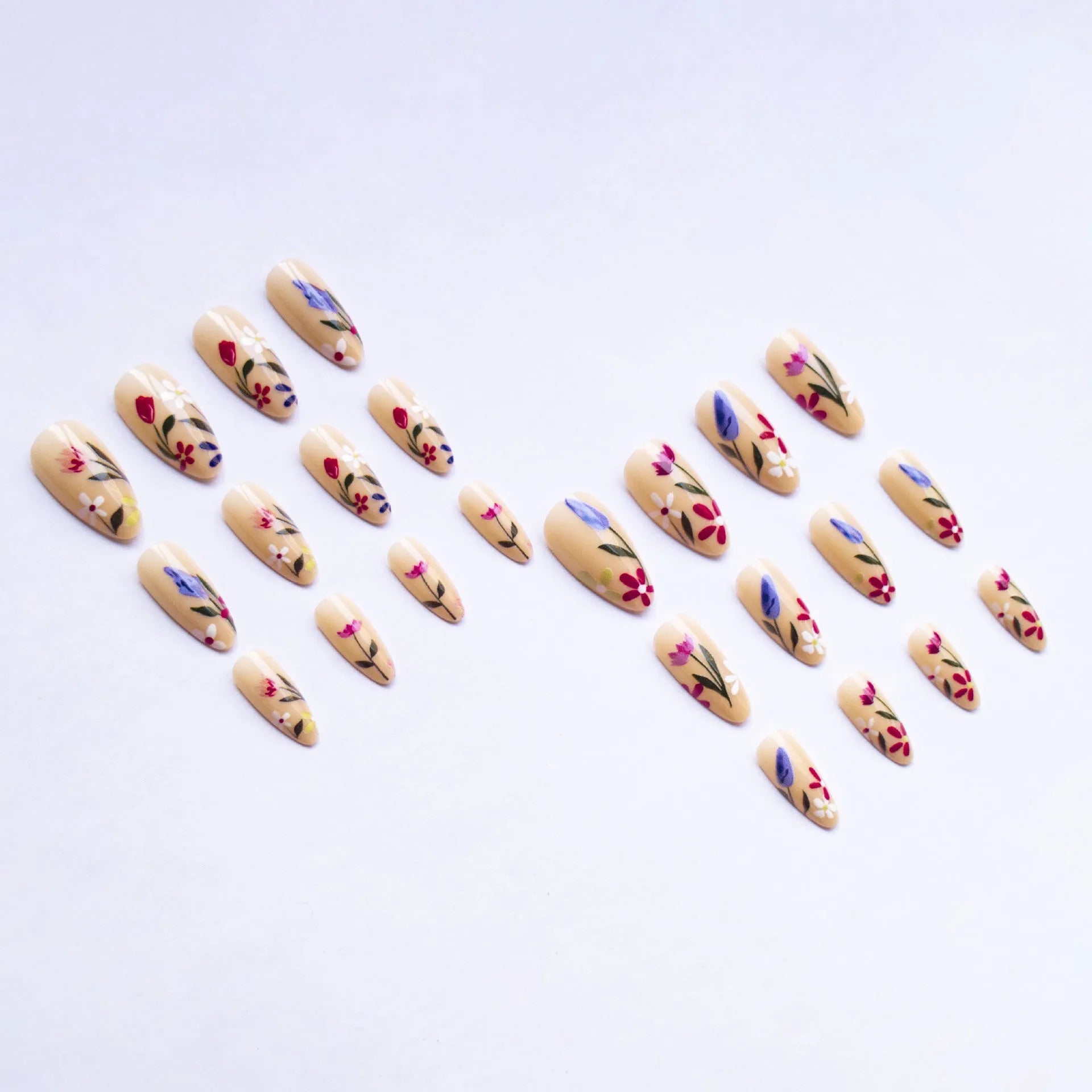 Almond-shaped removable nail art with floral rose and tulip patterns in European American style