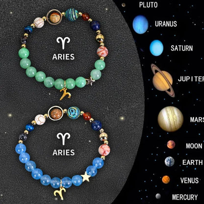 Two adjustable zodiac bracelets with natural stone beads and stainless steel charms showing 18-22cm circumference