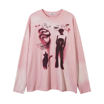 Loose fit cotton pullover top with drop shoulder sleeves and letter print in dark grey colour