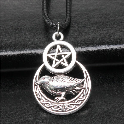 Men's vintage silver pentagram crow pendant necklace with adjustable chain