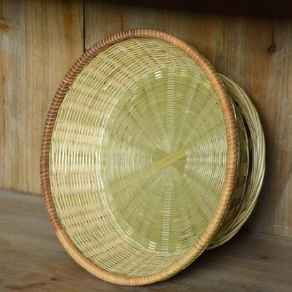 Handmade bamboo storage basket with woven design in 26x8cm, 25x9cm, and 24x12cm sizes on a wooden table
