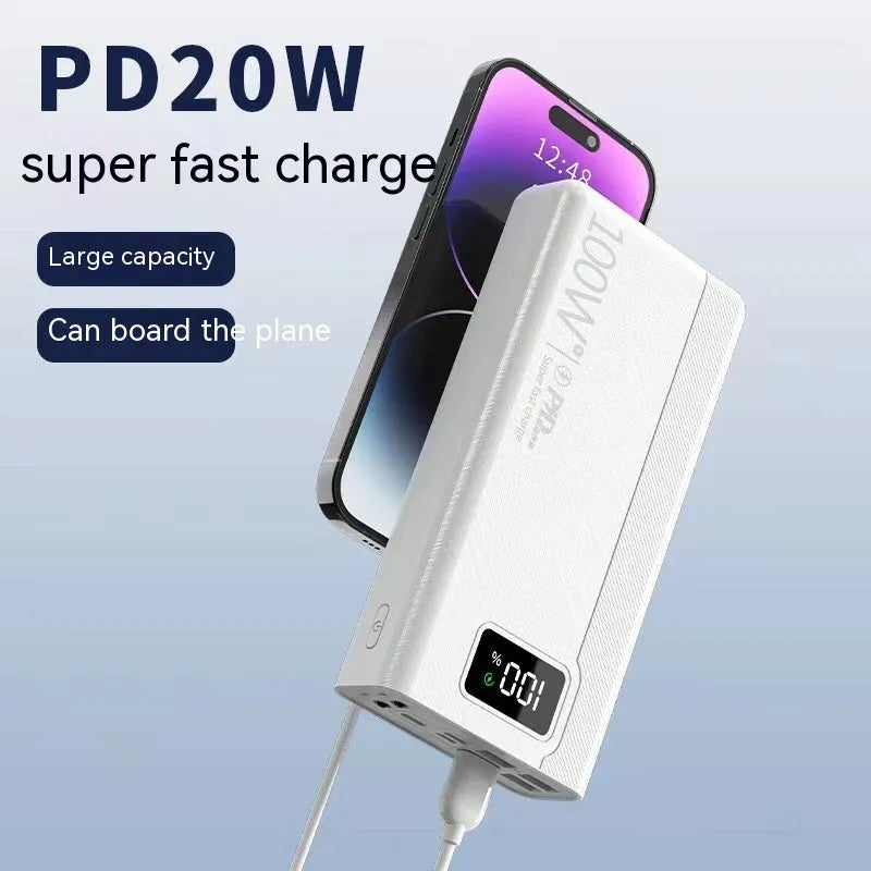 Large capacity power bank fast charging portable battery pack for smartphones and tablets, available in 20000mAh 30000mAh 40000mAh 50000mAh capacities, with black or white plastic shell and dimensions of 150x76x30/40/50mm for extended trips and daily use