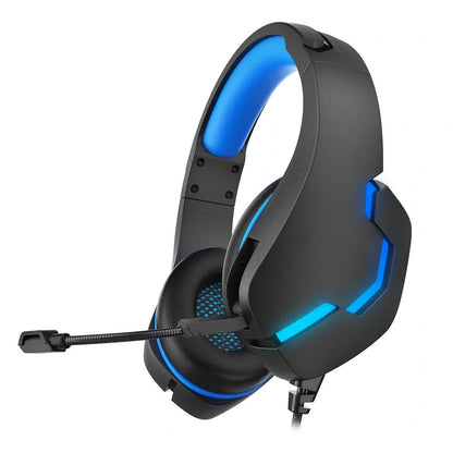 Blue J10 3.5mm wired gaming headset with LED lights, noise-canceling mic, and adjustable headband for PC use, 170x90x210mm size