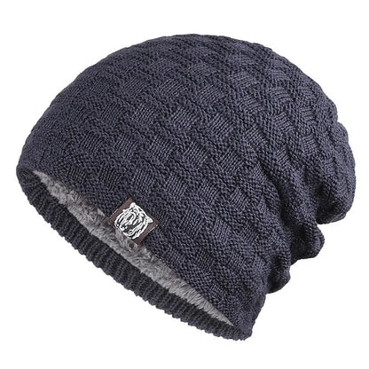 Tiger Label fleece warm men's hat in black, knitted cotton unisex beanie with fleece lining.
