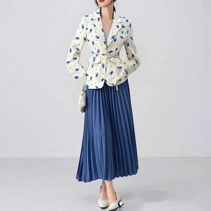 Collar lace-up waist-tight suit jacket in floral print with adjustable waist design and long sleeves