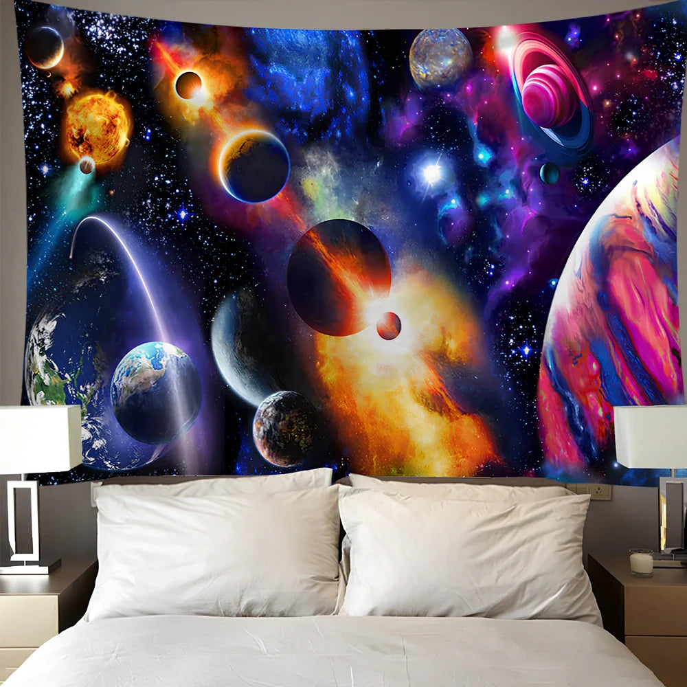 Digital printing colourful starry art wall tapestry with detailed star patterns on polyester fibre material
