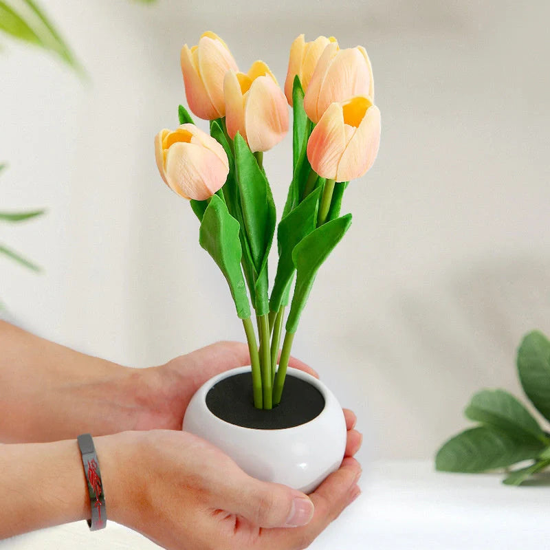 LED Tulip Flower Night Light in ceramic pot with vibrant colors for home decoration