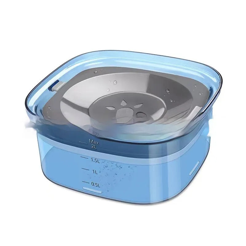Transparent 2L dog water bowl with floating slow-feeding disk and non-slip base