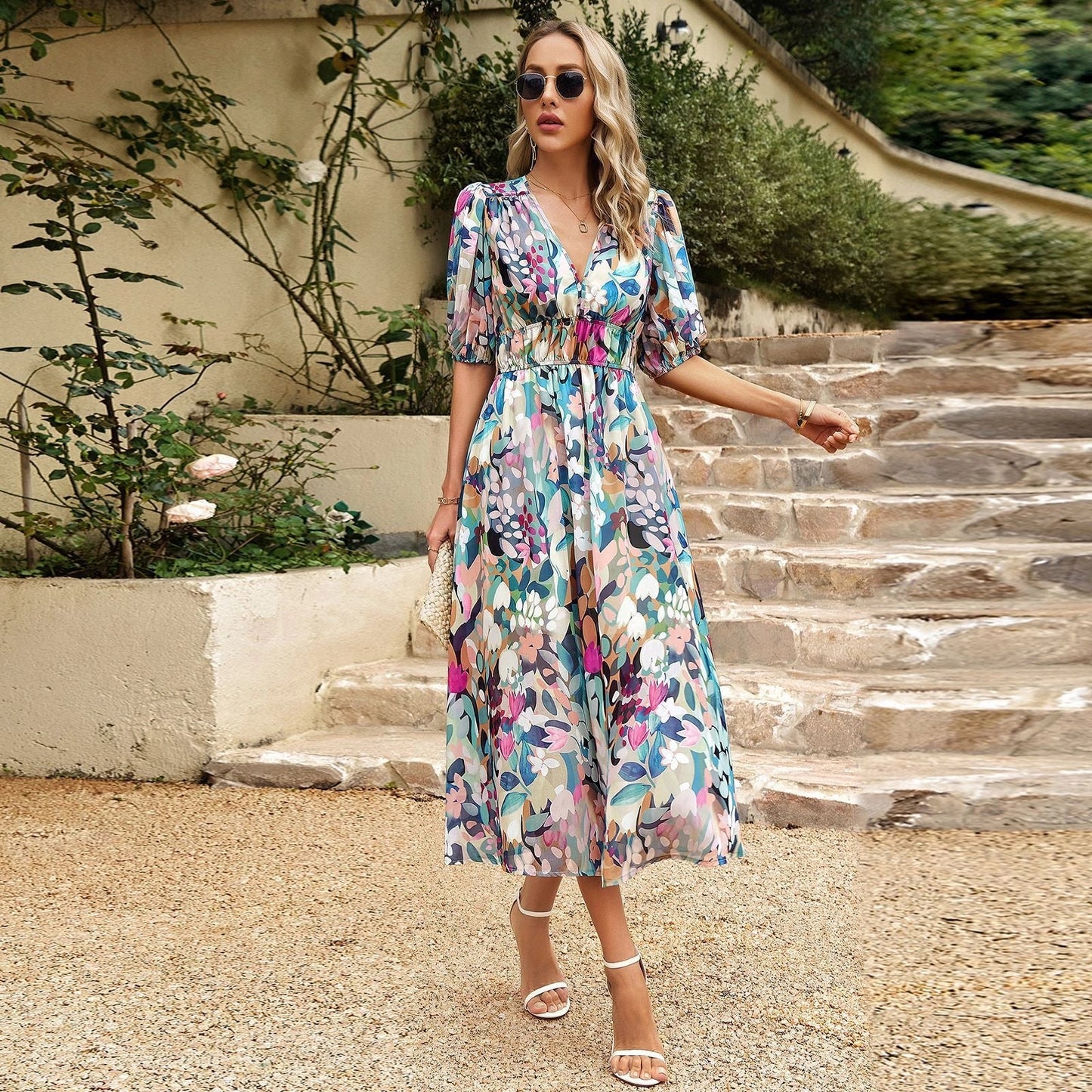 V-neck printed chiffon beads summer dress with lantern sleeves in various colors
