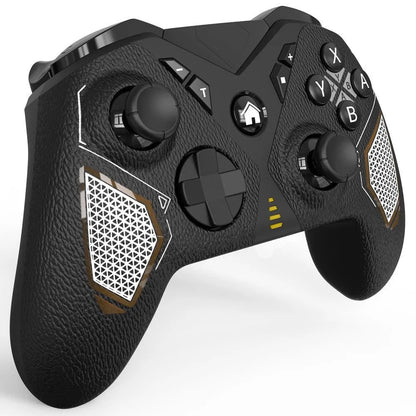Black wireless game controller with leather-textured ABS plastic body, showing dimensions and Type-C port
