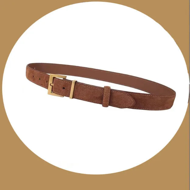 Ladies' brown leather belt with quadrilateral alloy pin buckle for dresses and coats
