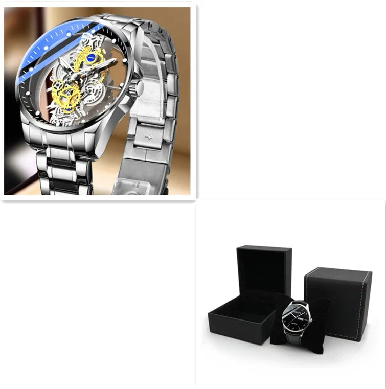 Men's skeleton automatic quartz watch with gold finish and mineral glass face