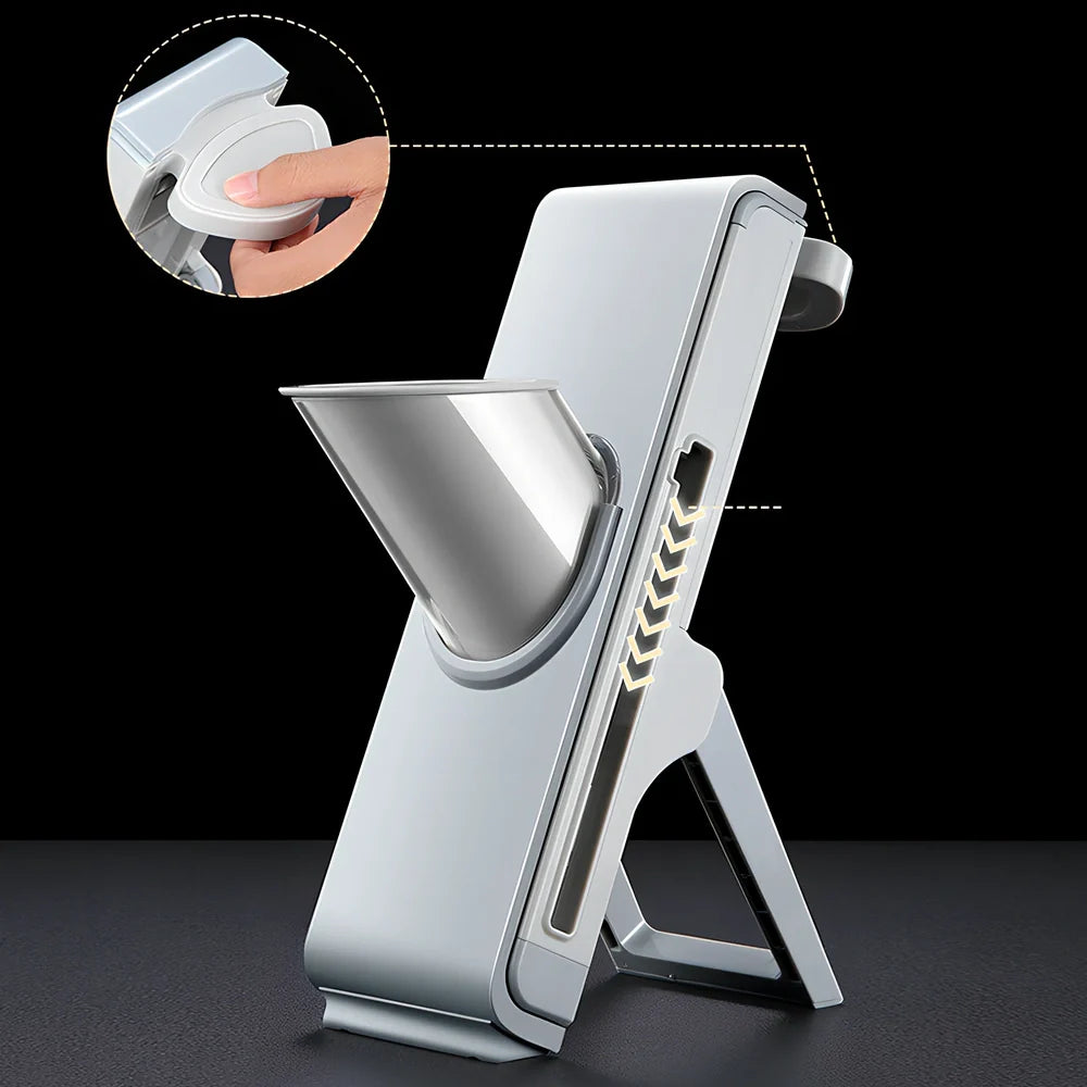 Hand-crank vegetable cutter with three stainless steel blades and fresh-keeping container, grey colour, 28.8cm length