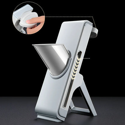 Hand-crank vegetable cutter with three stainless steel blades and fresh-keeping container, grey colour, 28.8cm length