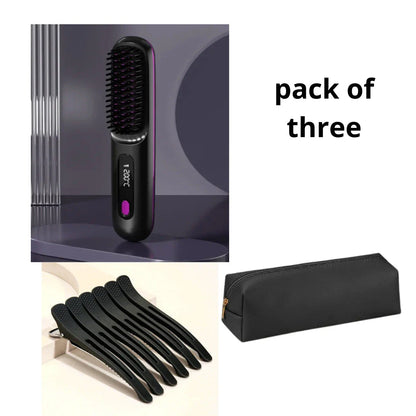 Wireless Hair Straightener Brush with fast heating, portable design, and USB charging