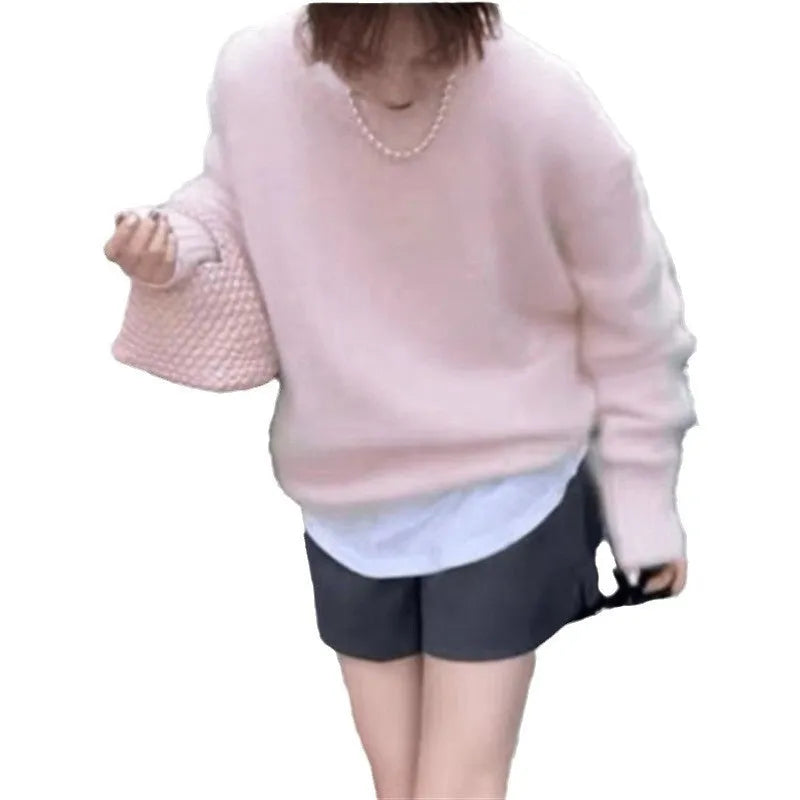 Loose pullover sweater for women, polyester, long sleeve, 50cm length, solid colour idle style