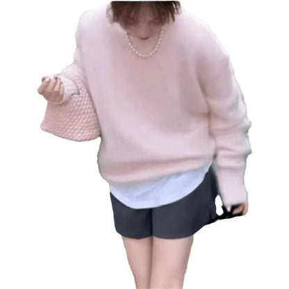 Loose pullover sweater for women, polyester, long sleeve, 50cm length, solid colour idle style