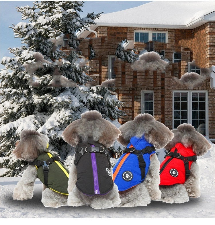 Cozy padded jacket with adjustable chest strap for pets, available in various colors and sizes.