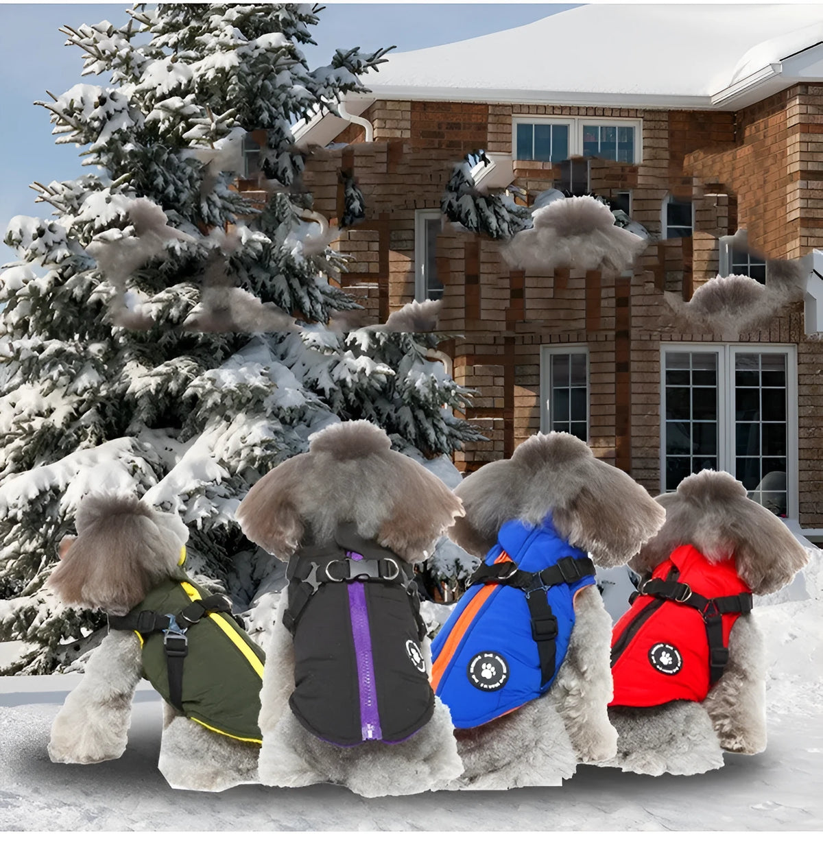 Polyester quilted dog jacket with a chest strap, shown in blue, on a mannequin.