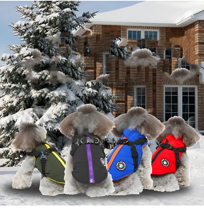 Polyester quilted dog jacket with a chest strap, shown in blue, on a mannequin.