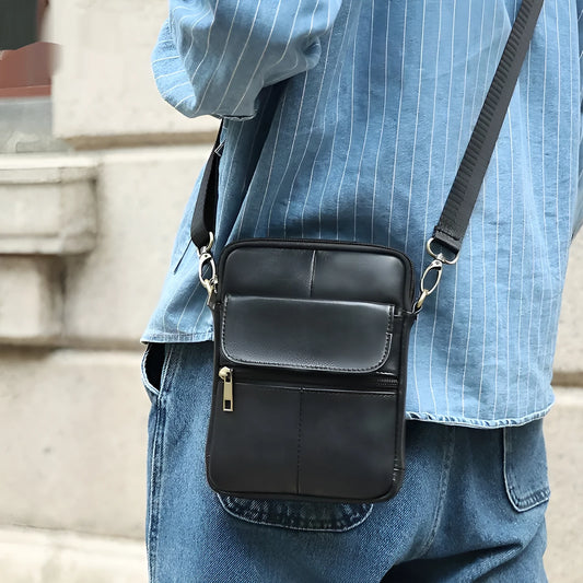 Men's brown leather crossbody shoulder bag with visible stitching and polyester cotton lining