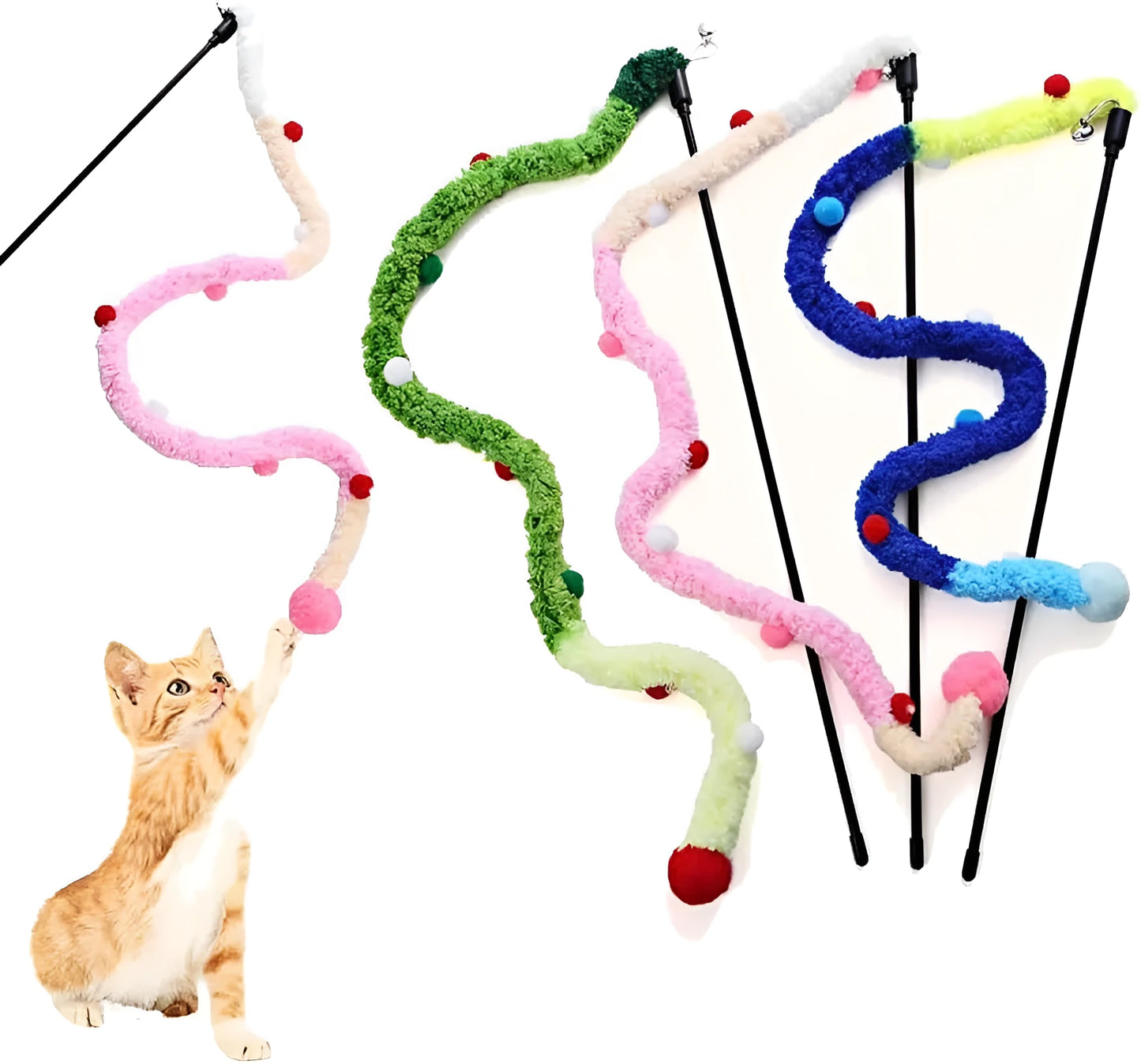 Blue interactive cat wand toy with a long plush strip, fluffy ball, and bell on a 41cm pole.