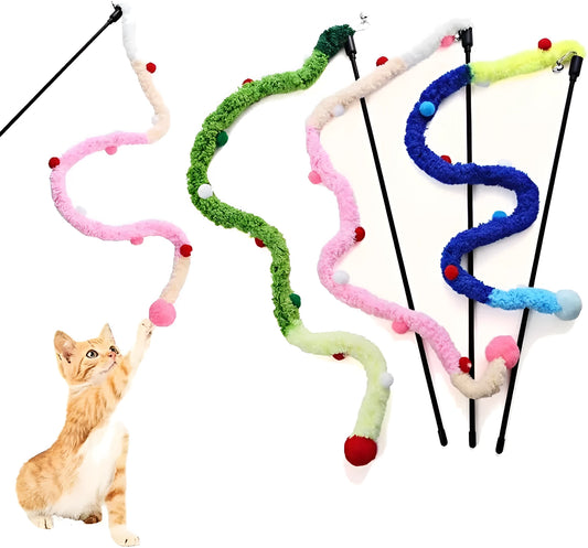 Blue interactive cat wand toy with a long plush strip, fluffy ball, and bell on a 41cm pole.