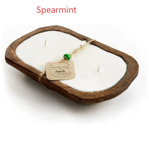 Retro wooden basin containing a lavender-scented soy wax candle with three visible wicks.