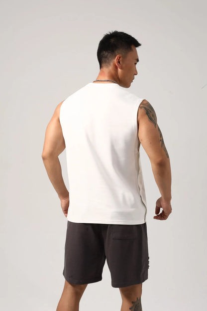 Men's loose black cotton fitness vest with hidden side hooks in Korean style.