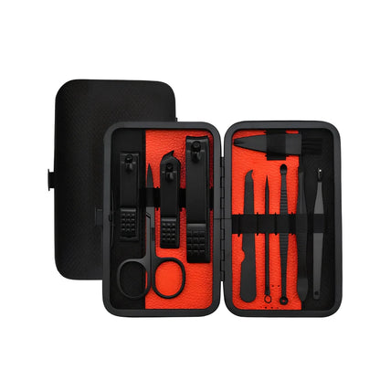 Beauty manicure nail care kit with stainless steel tools in red PU leather case weighing 397g