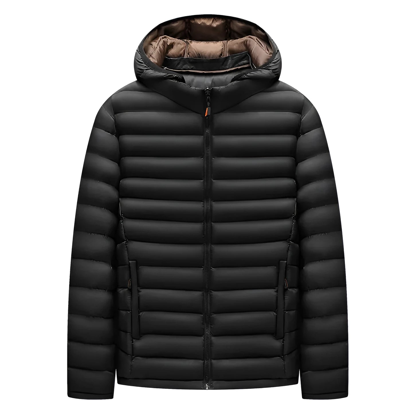 Men's lightweight hooded down cotton-padded jacket in solid colour with detachable collar and zipper pockets