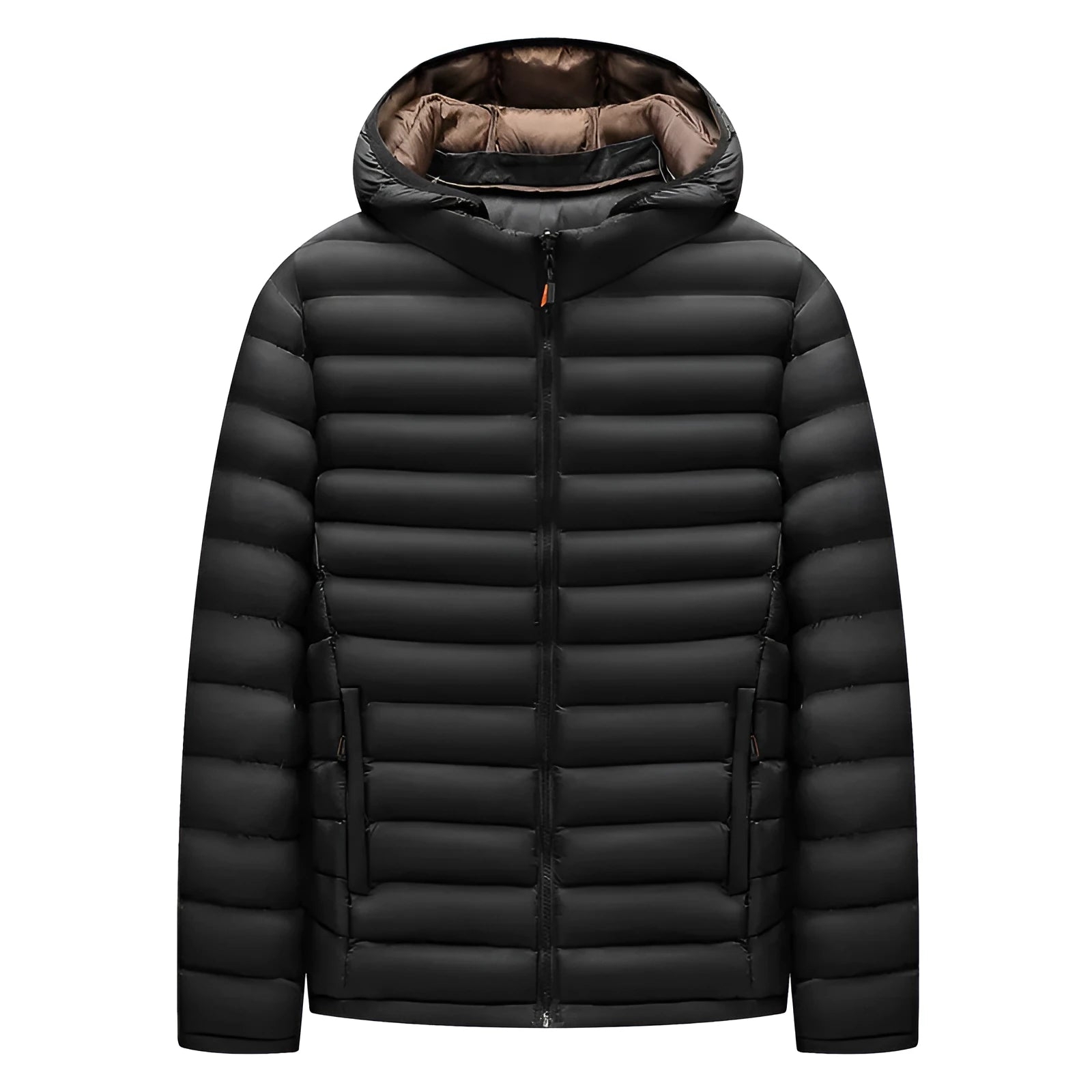 Men's lightweight hooded down cotton-padded jacket in solid colour with detachable collar and zipper pockets