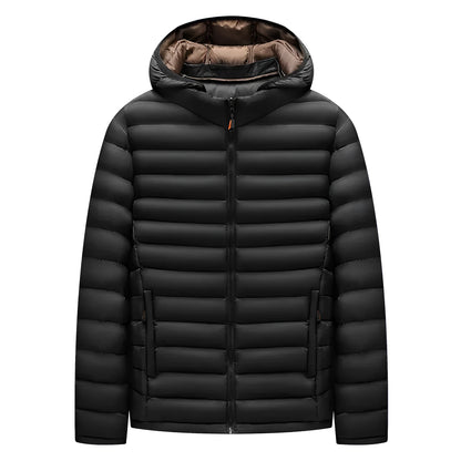 Men's lightweight hooded down cotton-padded jacket in solid colour with detachable collar and zipper pockets