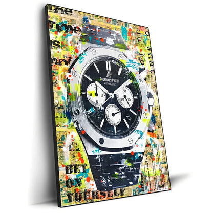 Spray-painted watch graffiti canvas art on oil painting cloth with white border