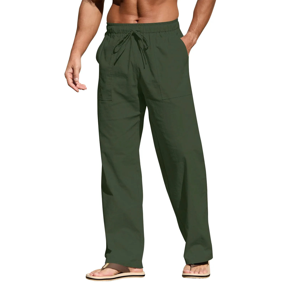 Men's straight leg cotton linen beach trousers with drawstring elastic waist
