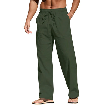 Men's straight leg cotton linen beach trousers with drawstring elastic waist