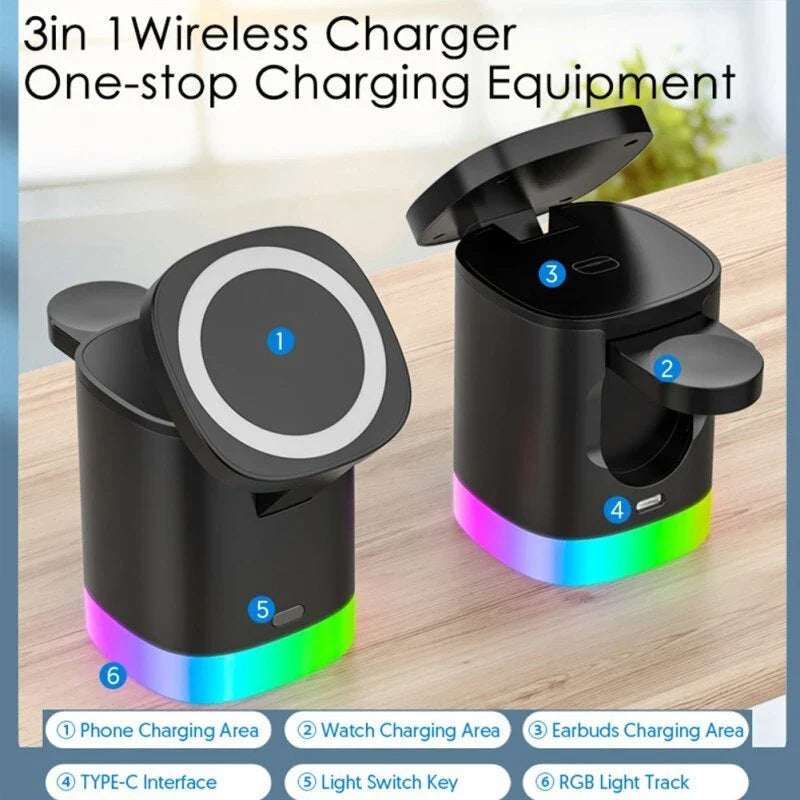 3-in-1 magnetic wireless charging station with RGB lighting for smartphones, smartwatches, and wireless earbuds