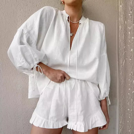 Women's lace-up V-neck lantern sleeve top and ruffled shorts set in cotton