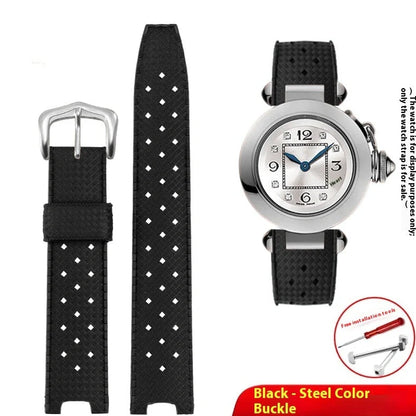 Black silicone watch strap with steel buckle showing female port connection for 20mm-22mm watches