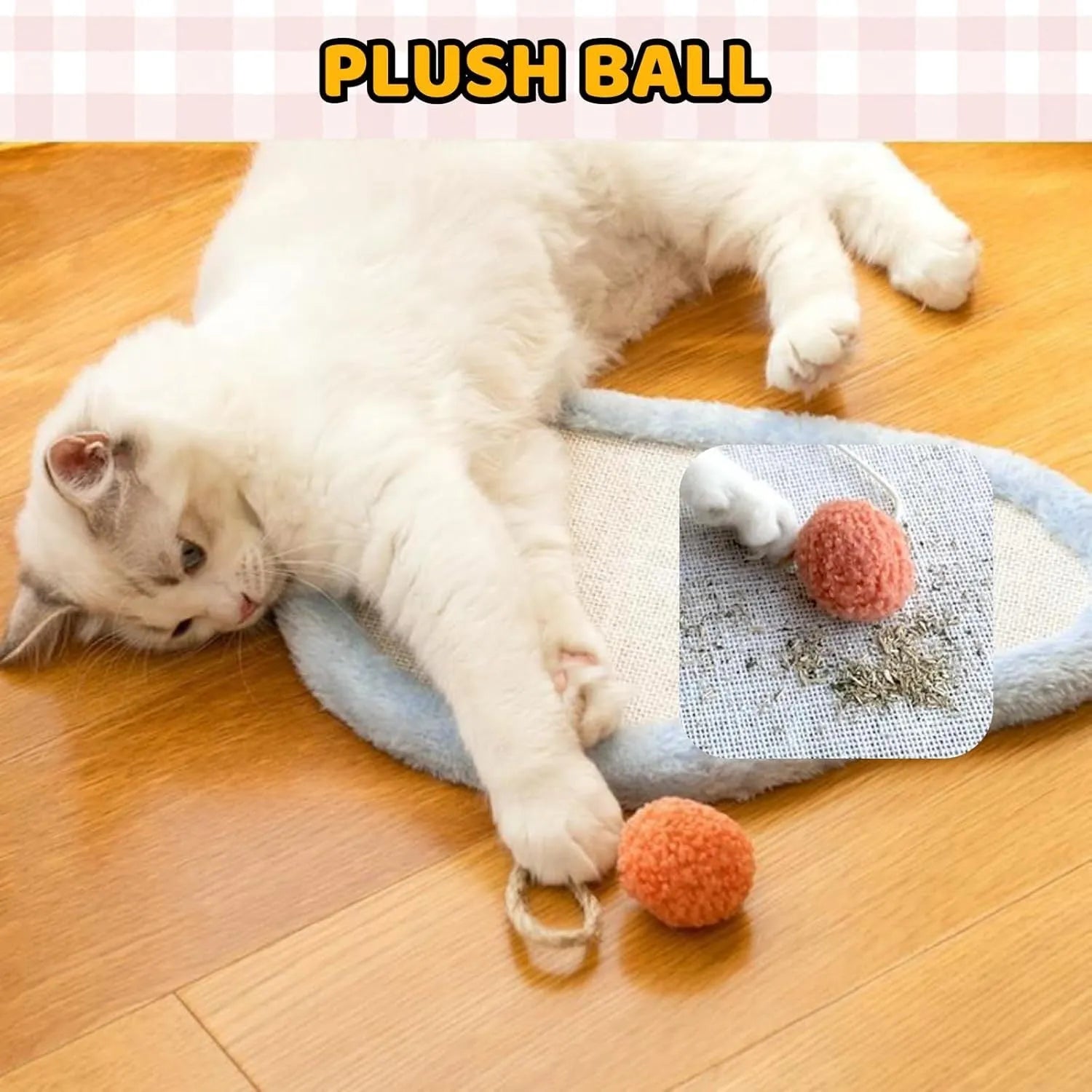 White wall-mounted cat scratching mat with sleeping cat cartoon design, made from natural sisal.