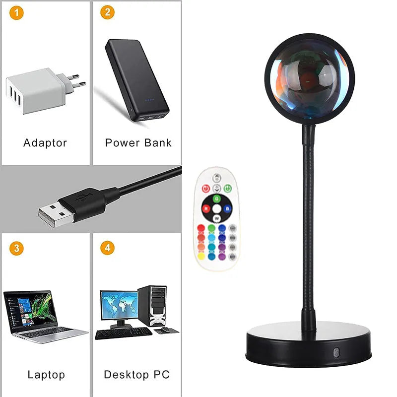 USB desk lamp rainbow projection lamp with RGB soft stick, metal holder, 16 colours and remote control