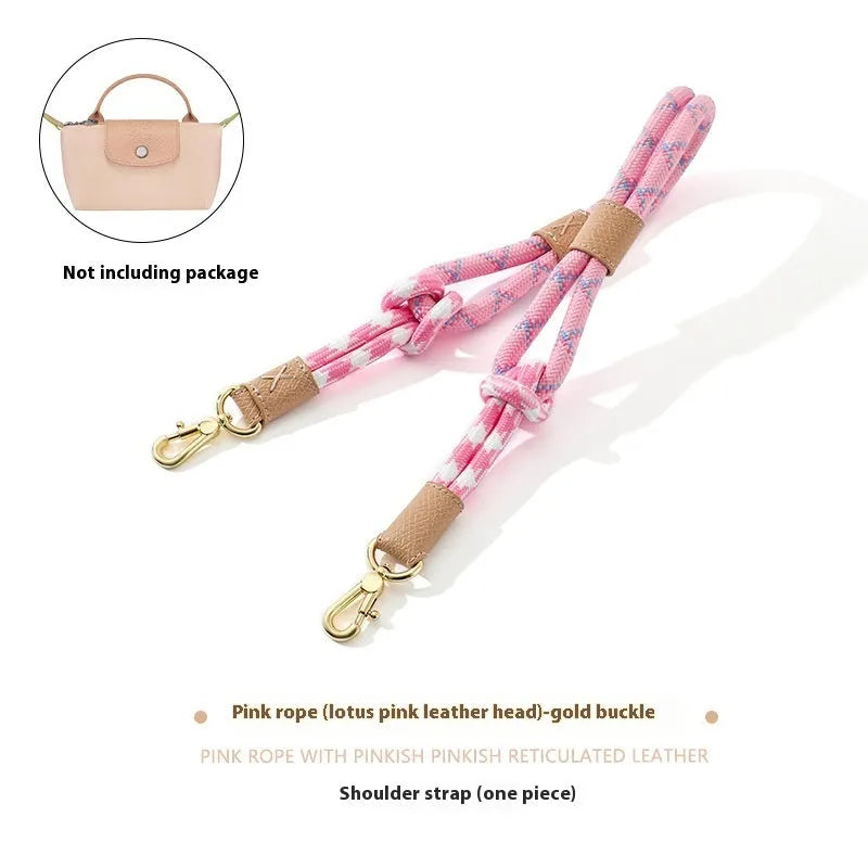 Braided rope shoulder strap with alloy hardware in silver or gold finish options