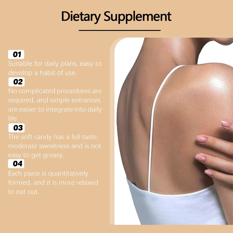 BUSHAID Tanning Gummy Candies Body Treatment in a 60 gummy soft candy pack containing 125 micrograms Vitamin D3, astaxanthin from Haematococcus pluvialis, lycopene, zinc citrate, vitamins A, C, and B3, with 0g added sugar and 15 calories per gummy.