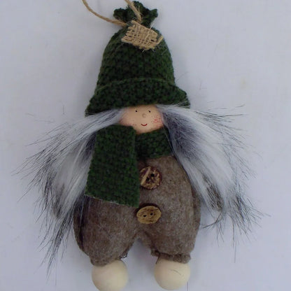 Christmas Easter fabric plush doll in dark brown with green clothing and red hat showing two size options