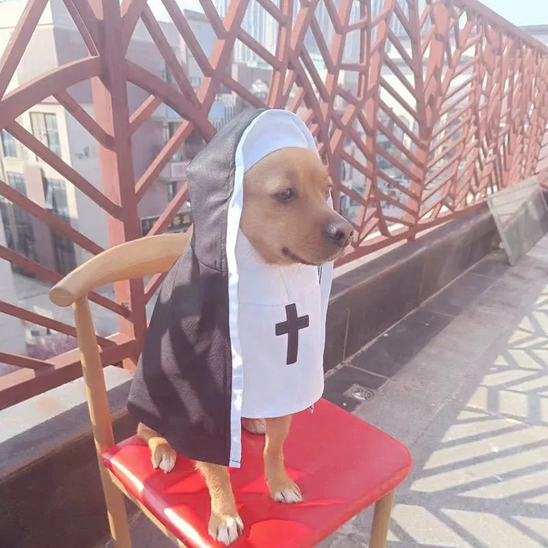 Black and white nun costume for small to medium dogs with pullover cloak design