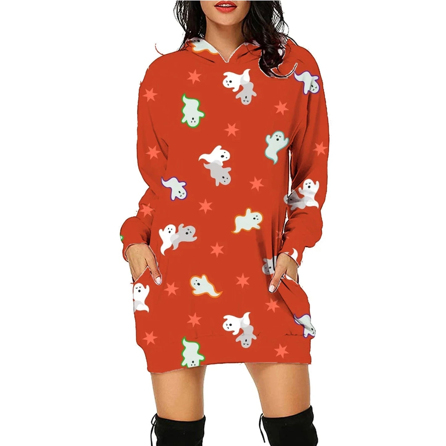 A comfortable and stylish Halloween-themed hooded sweatshirt with a unique printed design and convenient front pockets.