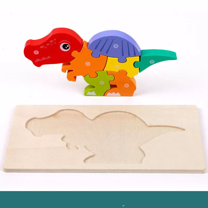 Wooden dinosaur 3D puzzle set for kids, including six different dinosaur models