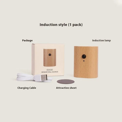 Solid wood pattern human body induction LED light, 73x56x28mm, in Sapele or Beech with warm white output
